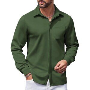 Dark Green Men Long Sleeve Wrinkle Free Casual Button Down Untucked Dress Shirt